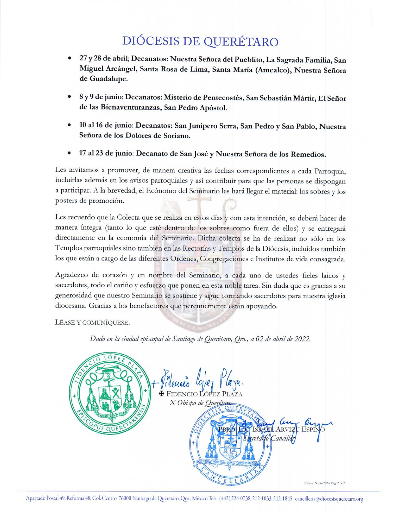 Circular N. 06/2024. Prot. N. 45/2024. Asunto: Sobre la promoción vocacional y la colecta anual para nuestro Seminario Conciliar de Querétaro. 2